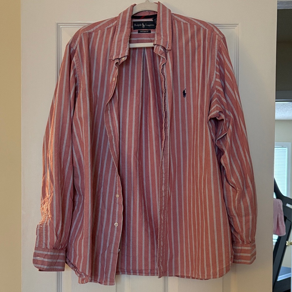 Ralph Lauren Red and White Vertical Stripe Button-Down Shirt